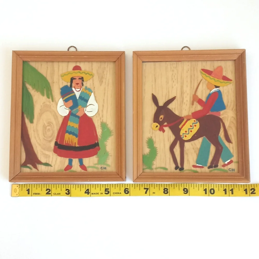 Vintage Folk Art Pair Colorful Mexican Art Mid-Century Framed Wall Art